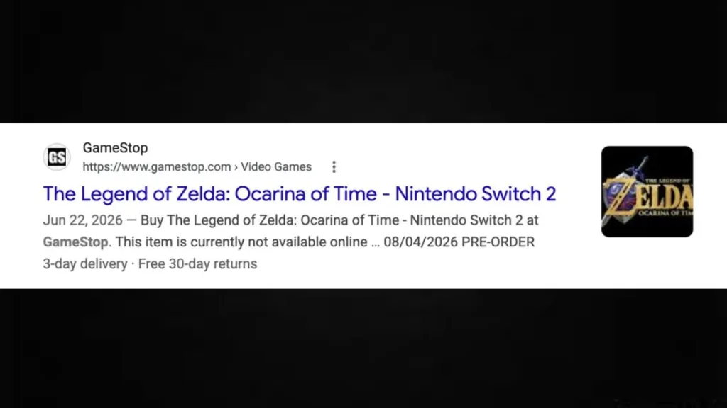 Screenshot del leak di GameStop con la data di pre‑ordine del remake di Zelda Ocarina of Time