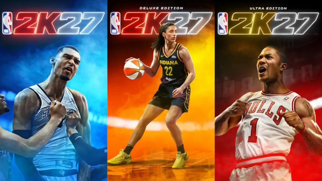 Copertina di NBA 2K27 con Victor Wembanyama, Caitlin Clark e Derrick Rose
