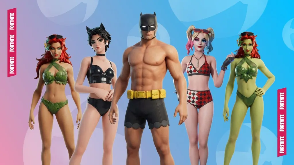 Varianti estive di Catwoman, Poison Ivy, Batman e Harley Quinn in Fortnite DC Hot Bat Summer