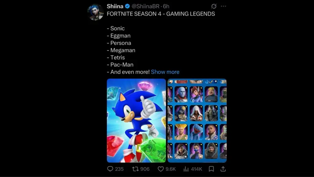 Screenshot del tweet di ShiinaBR che mostra i prossimi crossover nella Fortnite Gaming Legends Season.