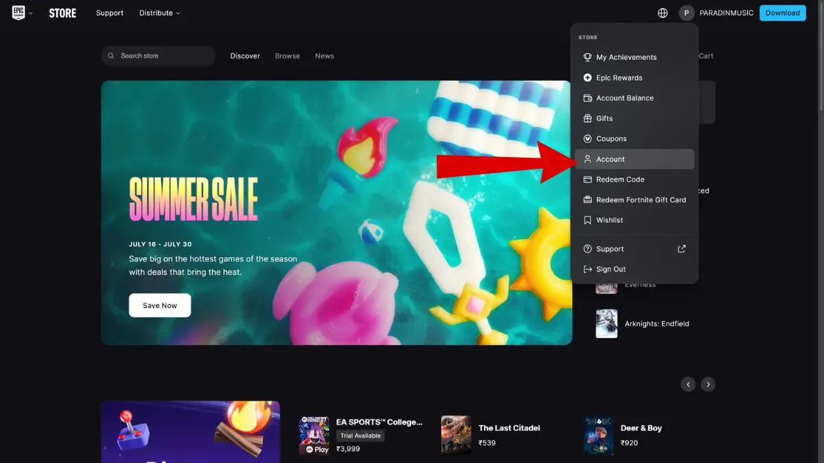 Impostazioni dell'account su Epic Games Store evidenziate