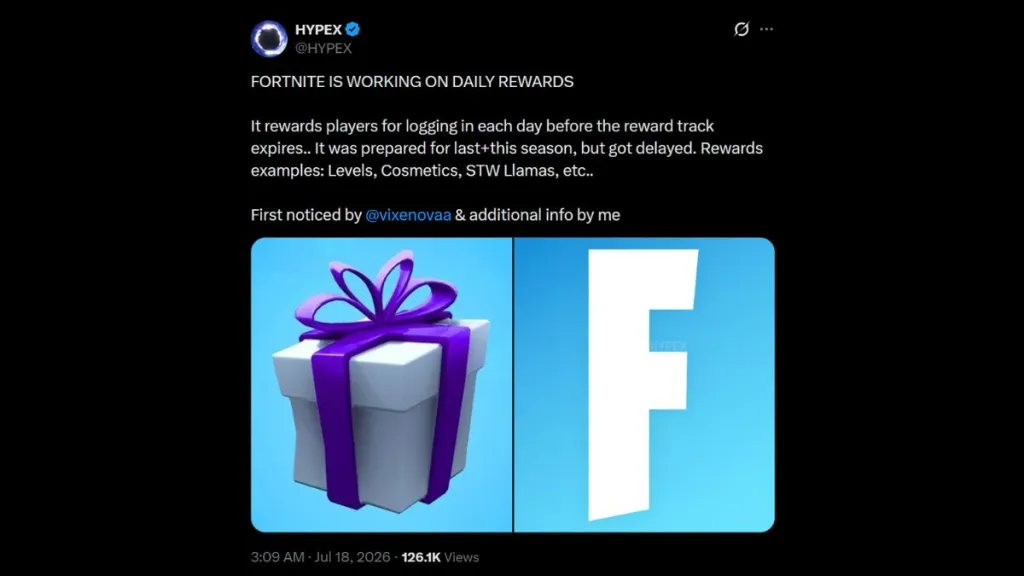 Screenshot della pubblicazione X di HYPEX sul futuro sistema di ricompense giornaliere di Fortnite