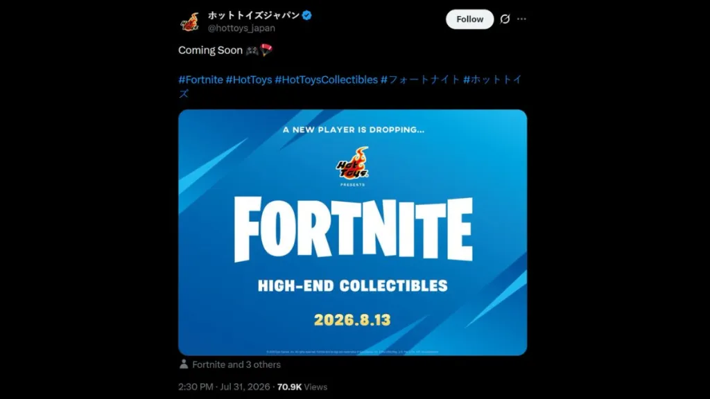 Annuncio della collaborazione Hot Toys x Fortnite su Twitter