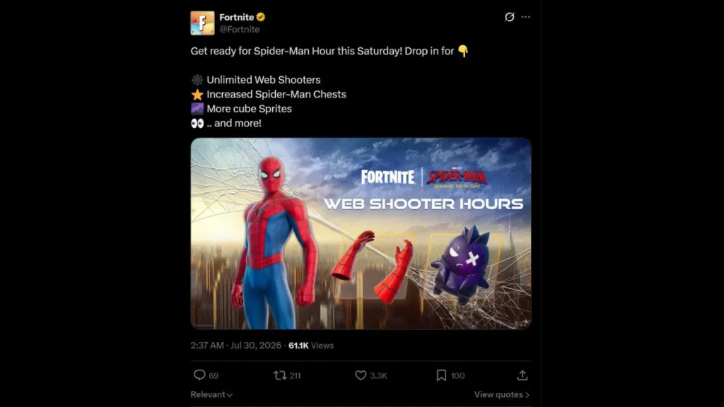 Annuncio dell'evento Fortnite Spider-Man Web Shooters Hours