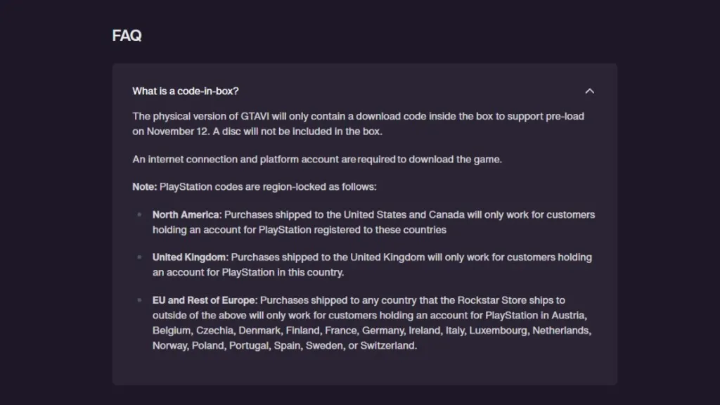 Screenshot della sezione FAQ su blocco regionale di GTA 6 sul sito di Rockstar Games