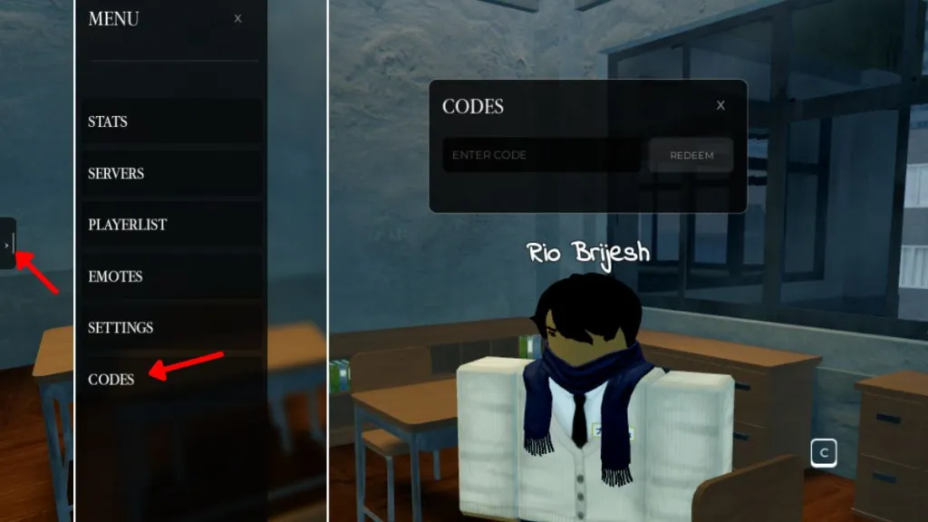 Schermata di riscatto dei codici Gakuran su Roblox