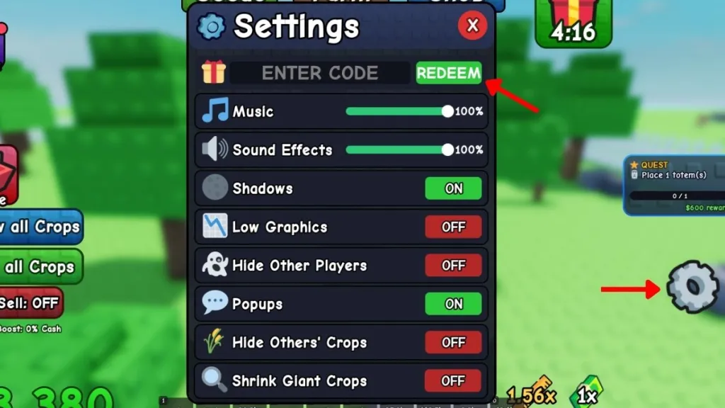 Schermata di riscossione dei codici per Grow It RNG