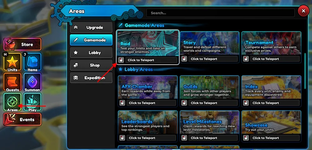 Schermata di accesso alle Raid in Anime Expeditions
