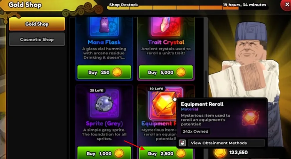Acquisto del reroll dell'equipaggiamento in Anime Expeditions