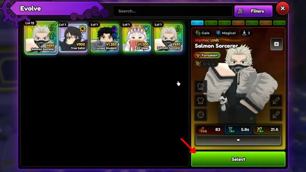 Schermata del menù Evoluzione in Anime Expeditions