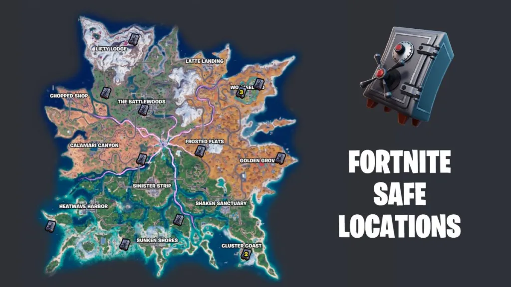 Mappa di Fortnite Chapter 7 Season 3 con le posizioni delle Safes evidenziate