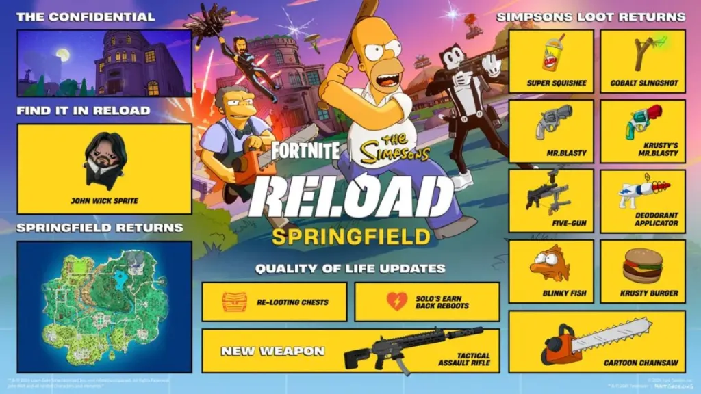 Aggiornamento Fortnite Reload con tema Simpsons