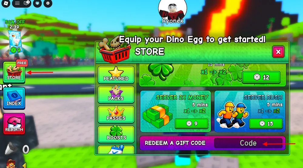 Schermata di riscattazione codici My Dino Park su Roblox