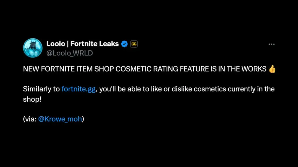 Screenshot del tweet di KroweMoh che annuncia il nuovo sistema di rating per i cosmetici di Fortnite