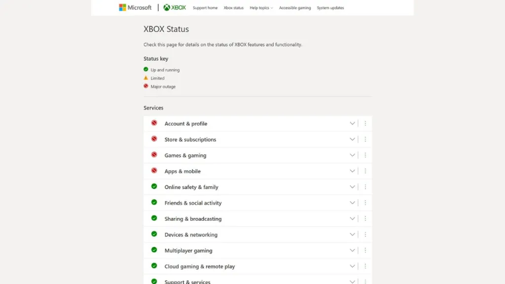 Pagina di stato dei server Xbox con segnalazione di outage