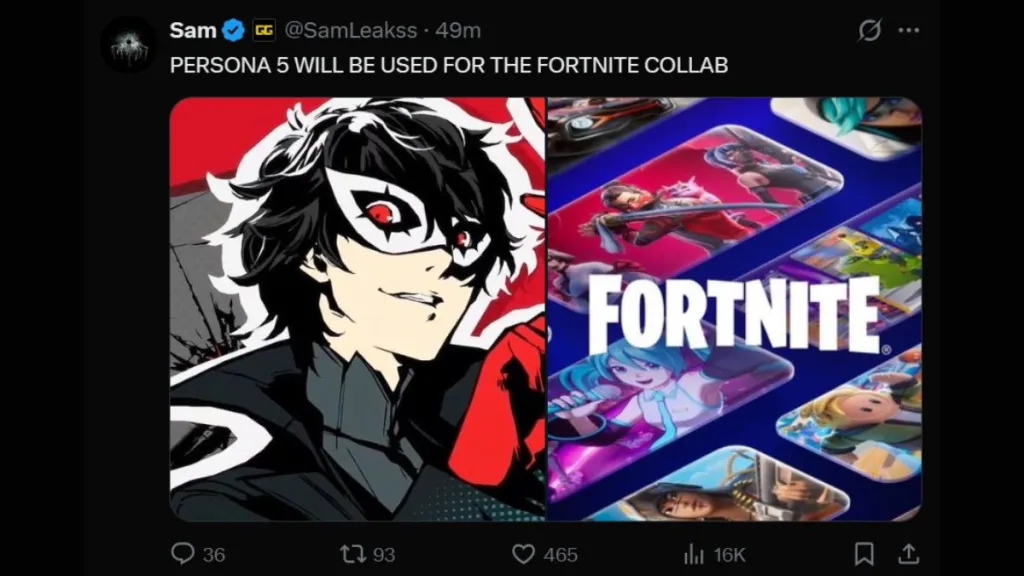 Post di SamLeakss su X che annuncia la collaborazione Fortnite Persona 5