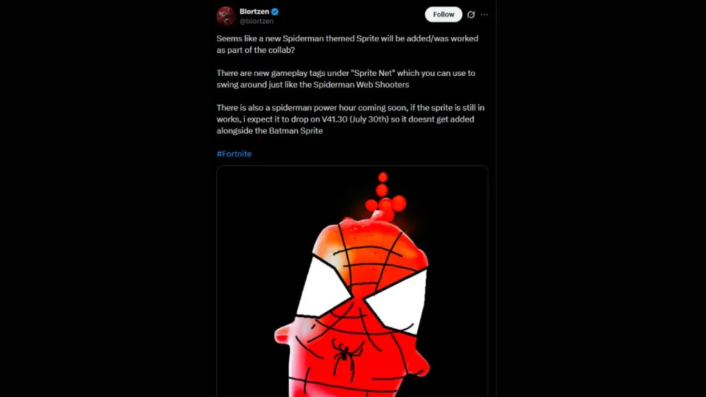 Screenshot del tweet di blortzen che annuncia lo Spider‑Man Sprite in Fortnite
