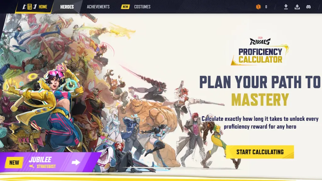 Schermata principale del calcolatore di competenza Marvel Rivals