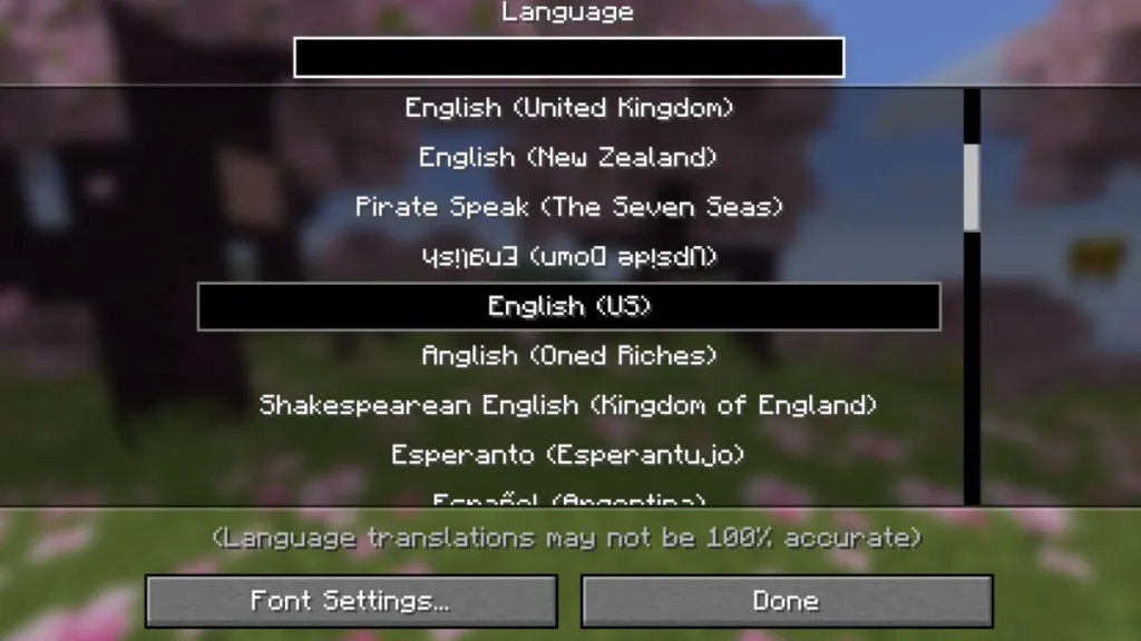 Schermata delle opzioni lingua in Minecraft con il gotico selezionato