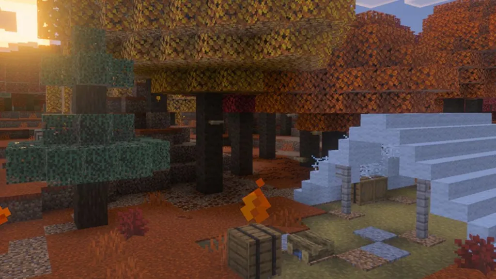 Accampamento abbandonato al tramonto, esempio di nuove strutture in Minecraft 26.3