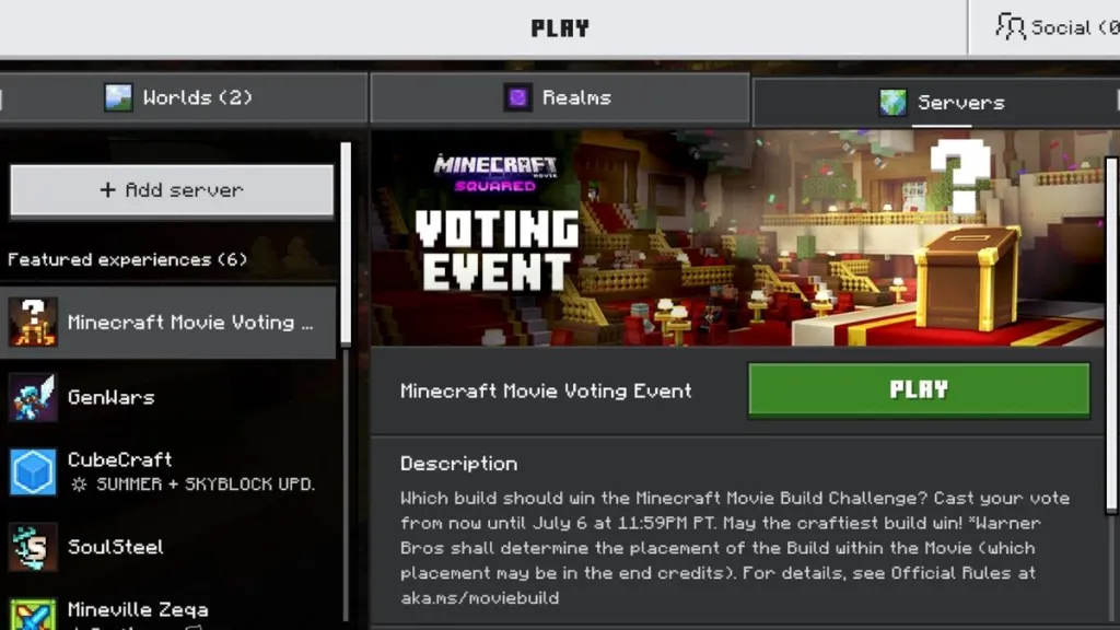 Schermata di accesso all'evento di voto per Minecraft Movie Squared