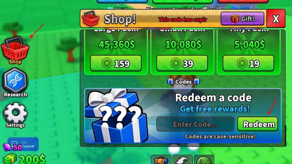 Schermata per riscattare i codici di Mini War