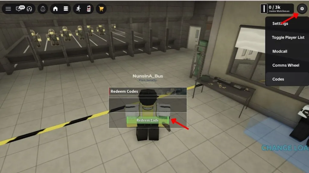 Schermata con pulsante Riscatta Codice in Naramo Nuclear Plant su Roblox