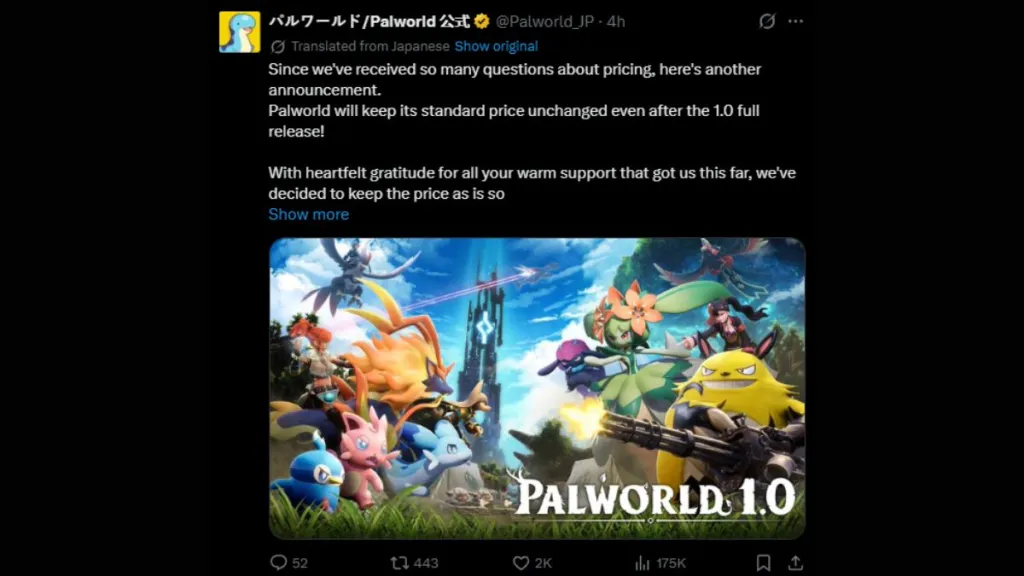 Post X di Palworld che conferma il prezzo invariato per l'aggiornamento 1.0