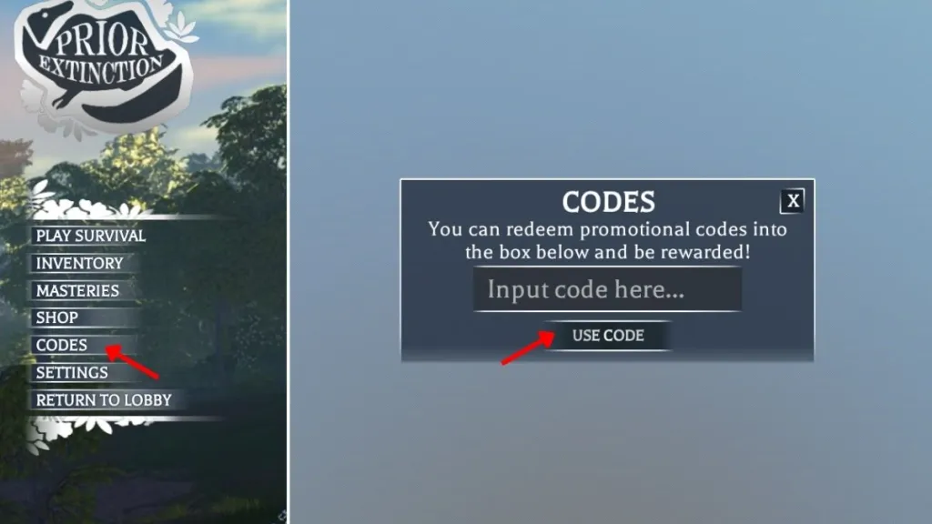 Schermata per riscattare i codici di Prior Extinction su Roblox