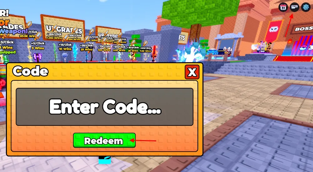 Schermata di riscossione dei codici +1 Loot Evo su Roblox
