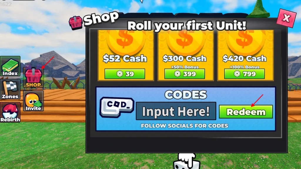 Schermata di sblocco dei codici su Roll to Defend