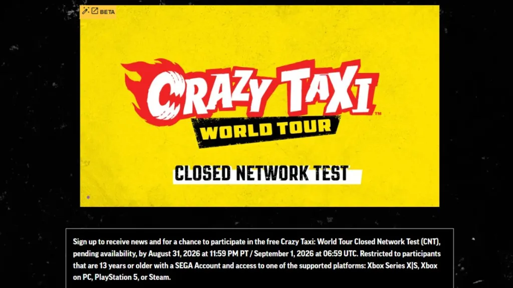 Pagina di iscrizione al test multiplayer di Crazy Taxi World Tour