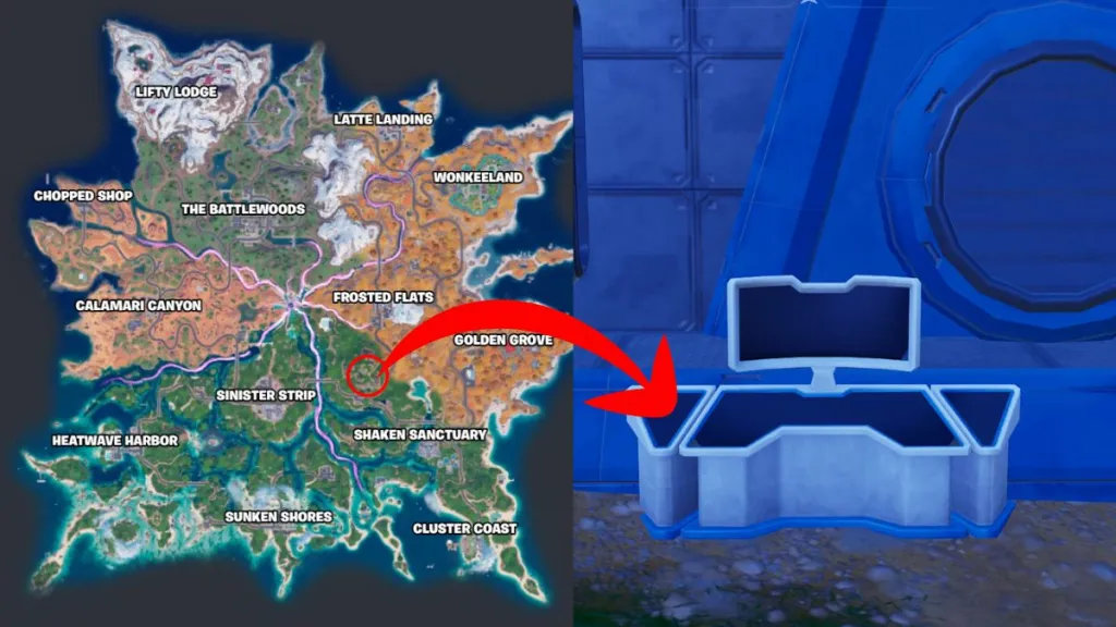 Mappa di Fortnite Capitolo 7 Stagione 3 con la posizione della Console Shape