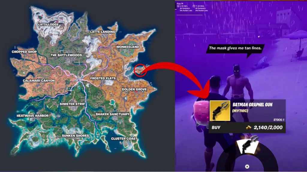 Mappa di Fortnite Capitolo 7 Stagione 3 con indicata la zona Beach Bod Batman