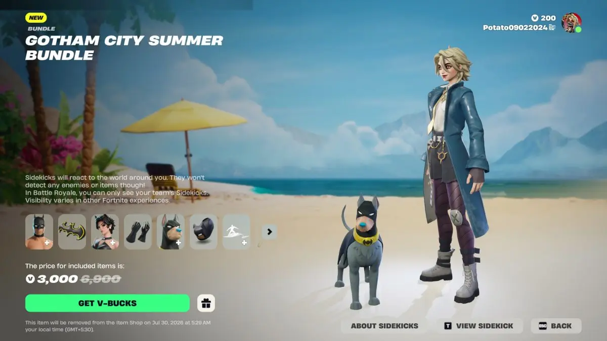 Ace the Bat Hound sidekick nel Gotham City Summer Bundle di Fortnite