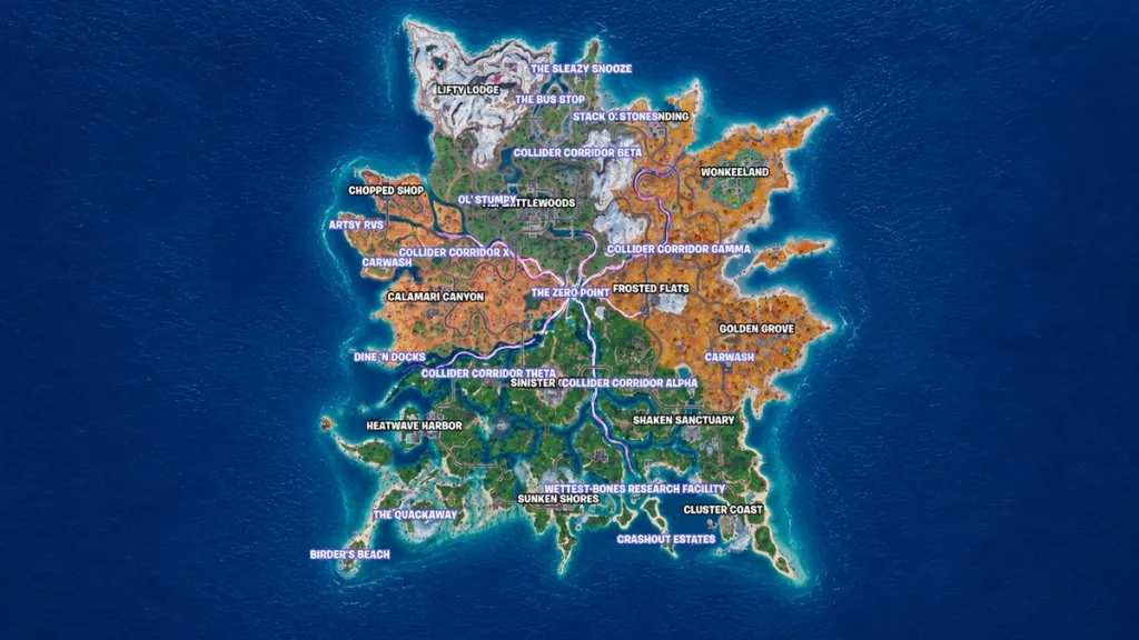 Mappa di Fortnite con i punti di interesse (POI) e le posizioni nominate evidenziate
