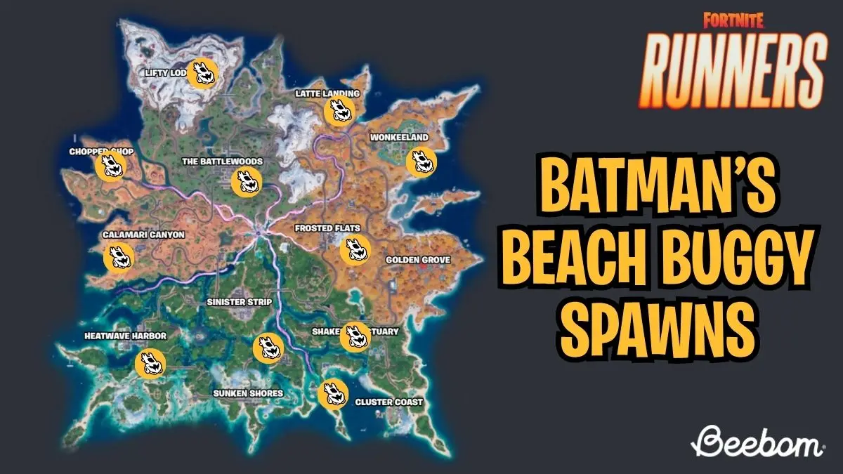 Mappa dei punti di spawn del Batman Beach Buggy in Fortnite