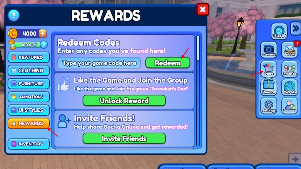 schermata di riscatto dei codici in Gacha Online su Roblox