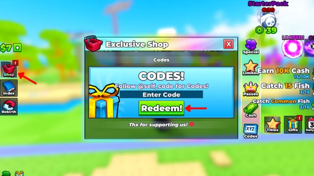 Schermata di riscatto dei codici Bomb Fishing su Roblox