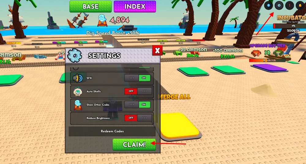 Schermata di riscossione dei codici Crab Tycoon su Roblox