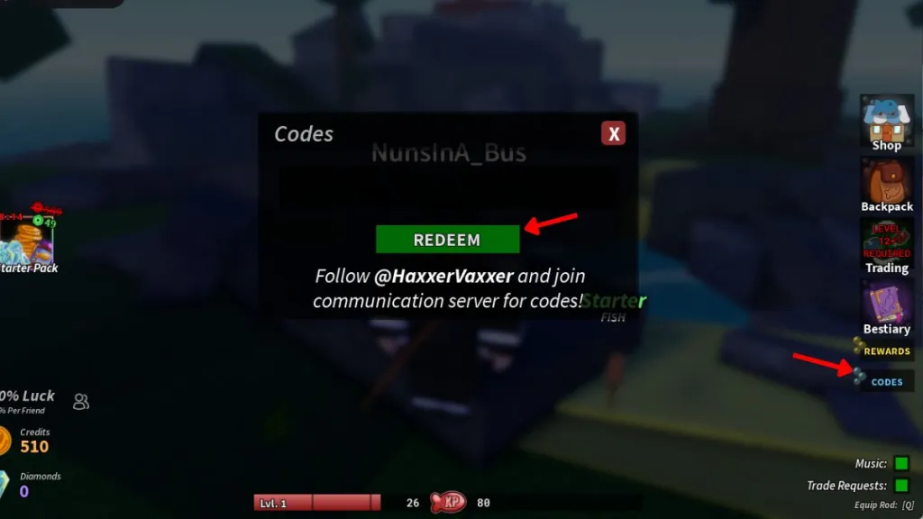 Schermata per riscattare i codici in Fishing Tower Defense