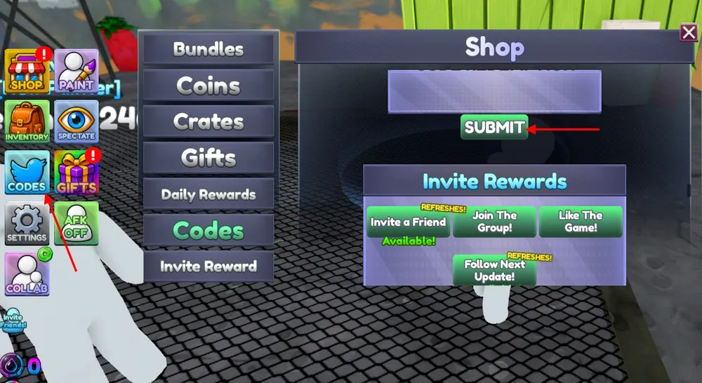 Schermata di riscatto dei codici di Chameleon su Roblox