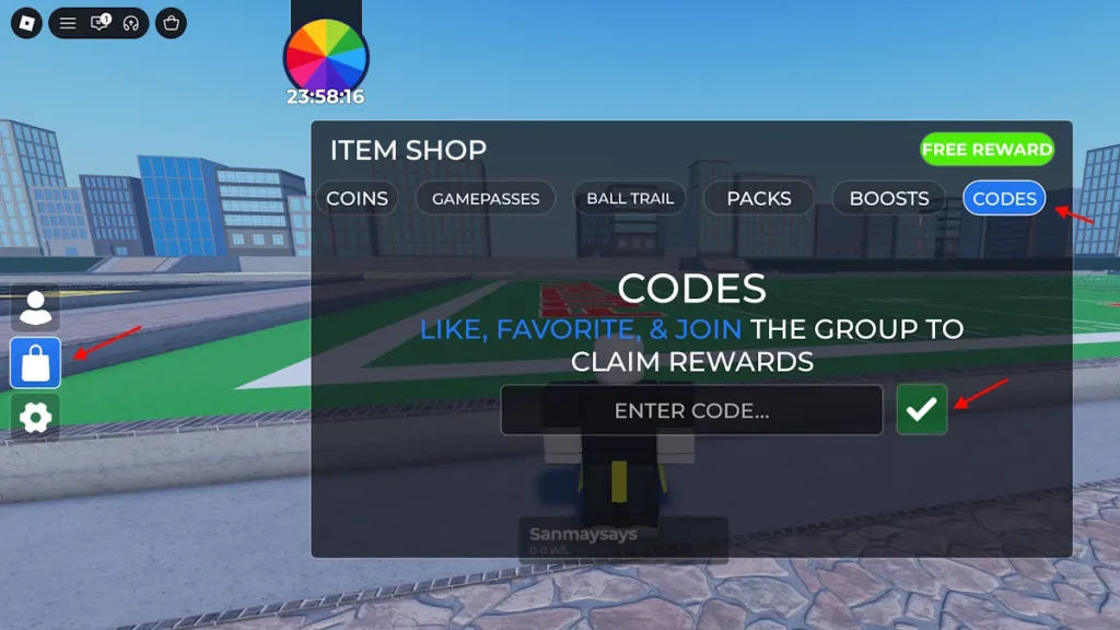 schermata di riscatto codici Flag Football su Roblox