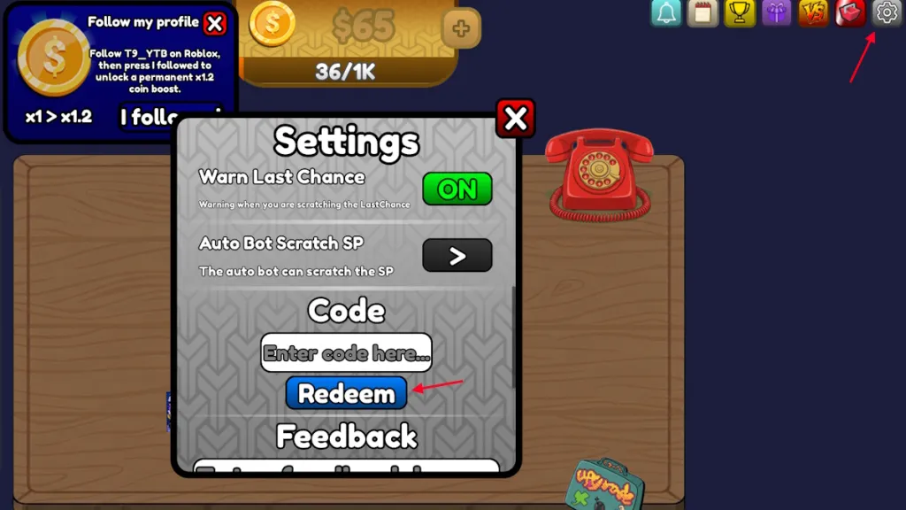 Schermata di riscatto dei codici in Scratchy Loot su Roblox