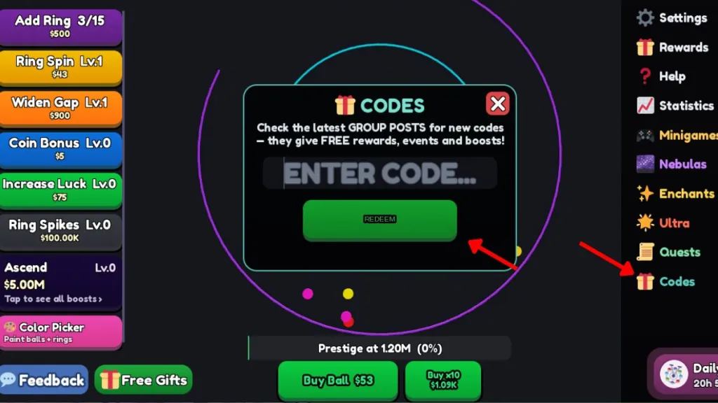 Schermata di riscatto dei codici in Idle Balls
