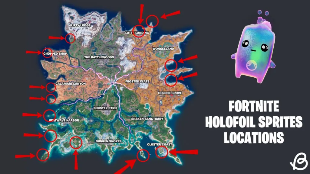 Mappa di Fortnite Chapter 7 Season 3 con le posizioni degli Holofoil Sprites evidenziate