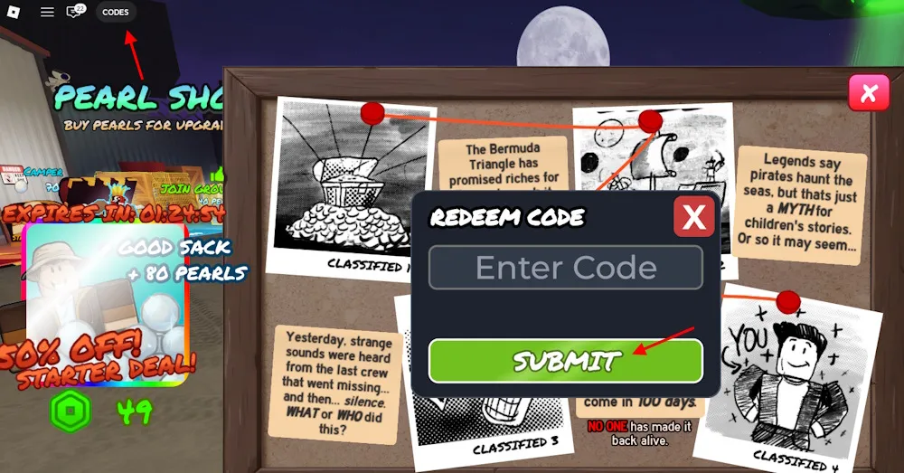 Schermata di inserimento dei codici in 100 Days at Sea su Roblox