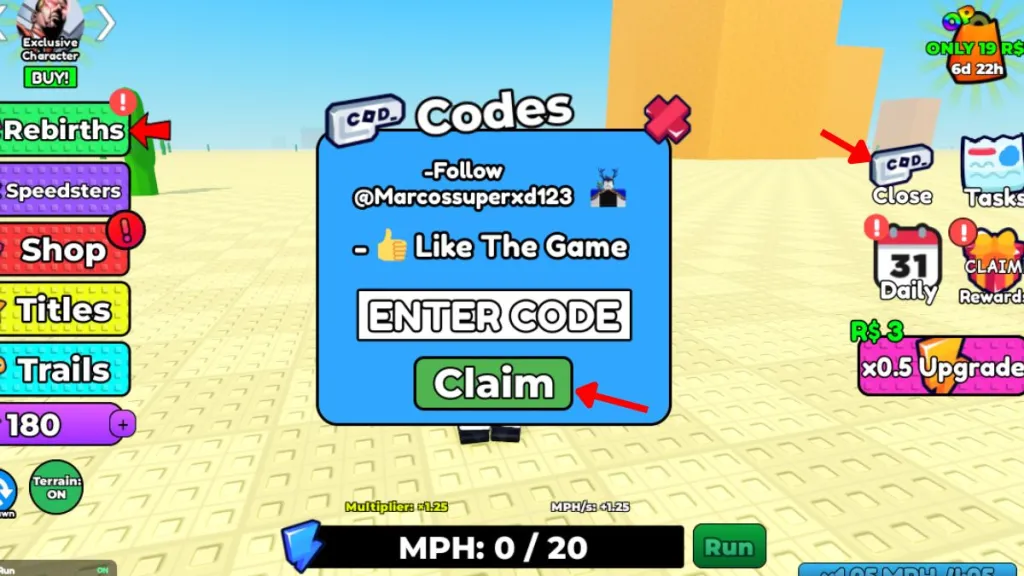 Schermata di inserimento codici in Speedsters Infinite