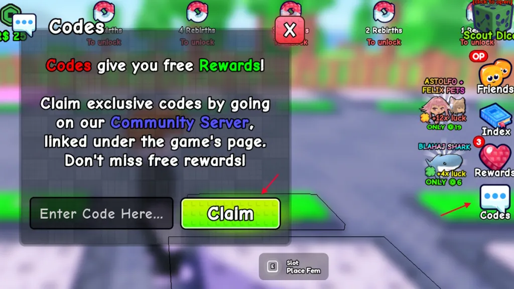 come riscattare i codici di Spin a Fem su Roblox