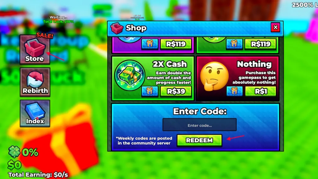 Procedura di riscossione dei codici Split or Steal Brainrot su Roblox
